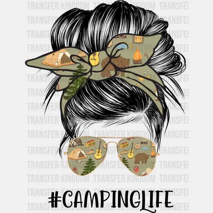 Camping Life - Girl With Messy Bun Design - DTF heat transfer