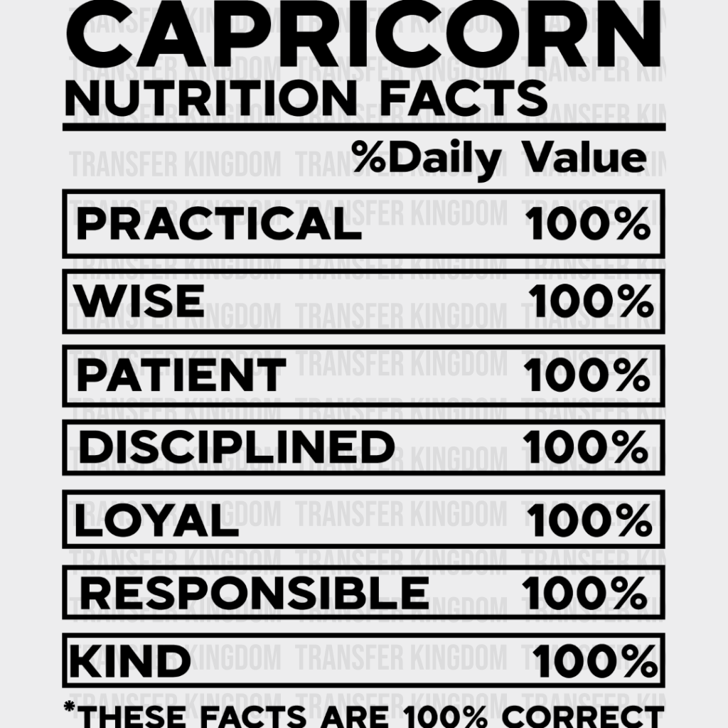 Capricorn Nutrition Facts - Zodiac & Horoscopes Dtf Heat Transfer Unisex S M (10’’) / Dark