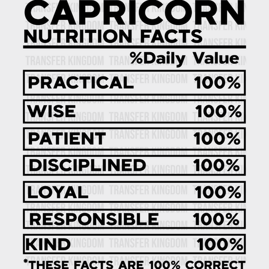 Capricorn Nutrition Facts - Zodiac & Horoscopes Dtf Heat Transfer Unisex S M (10’’) / Dark