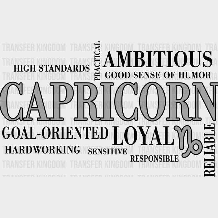 Capricorn Qualities, Gray, Horizontal - Zodiacs & Horoscopes DTF Transfers