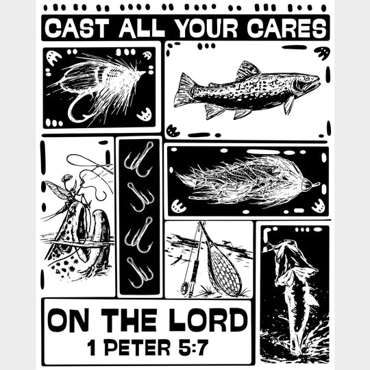 Cast All Your Cares On The Lord - Fishing DTF Transfers - Adult Unisex - S & M (10’’) / Light Color Design (See Imaging)