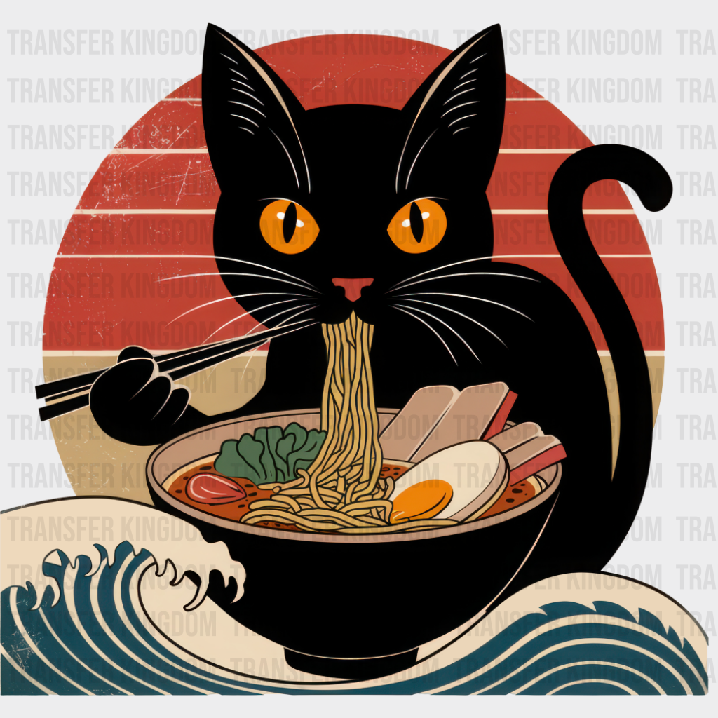 Cat Eating Ramen & Kanagawa Wave - Cats DTF Transfer Adult Unisex - S & M (10’’) / Dark Color Design (See Imaging)
