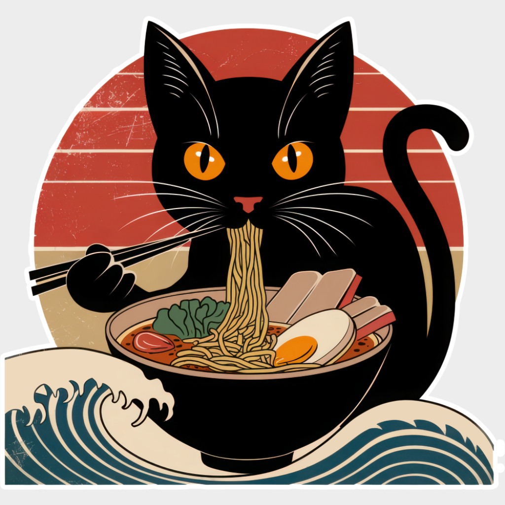Cat Eating Ramen & Kanagawa Wave - Cats DTF Transfer Adult Unisex - S & M (10’’) / Light Color Design (See Imaging)