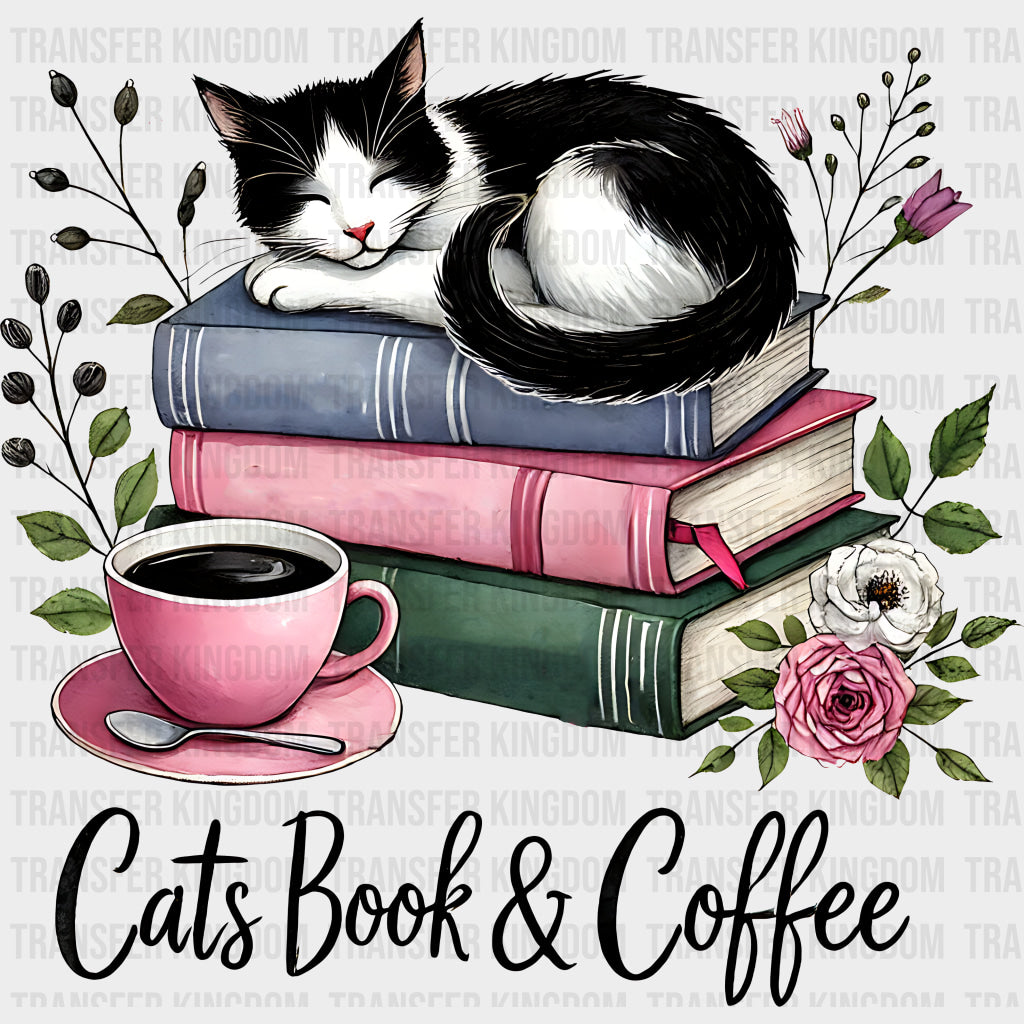 Cats Book & Coffee - Reading DTF Transfers Adult Unisex - S & M (10’’) / Dark Color Design (See Imaging)