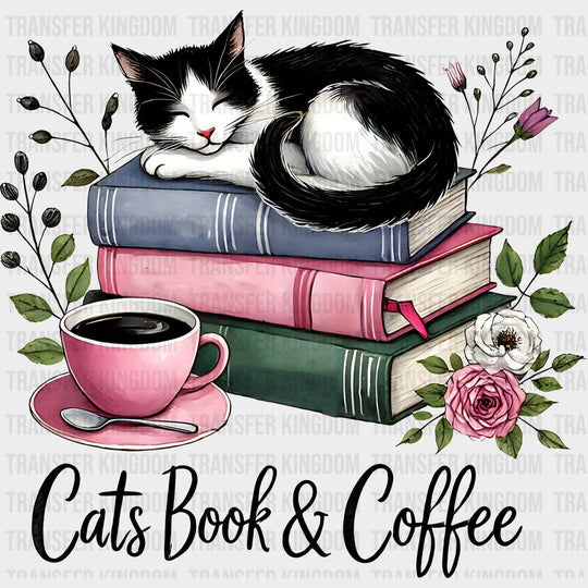 Cats Book & Coffee - Reading DTF Transfers Adult Unisex - S & M (10’’) / Dark Color Design (See Imaging)