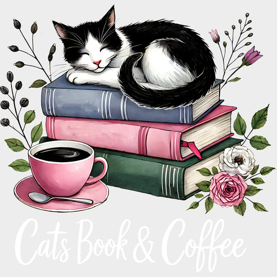 Cats Book & Coffee - Reading DTF Transfers Adult Unisex - S & M (10’’) / Light Color Design (See Imaging)