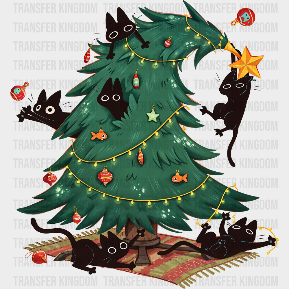 Cats With Christmas Tree - Christmas DTF Transfer Adult Unisex - S & M (10’’) / Dark Color Design (See Imaging)
