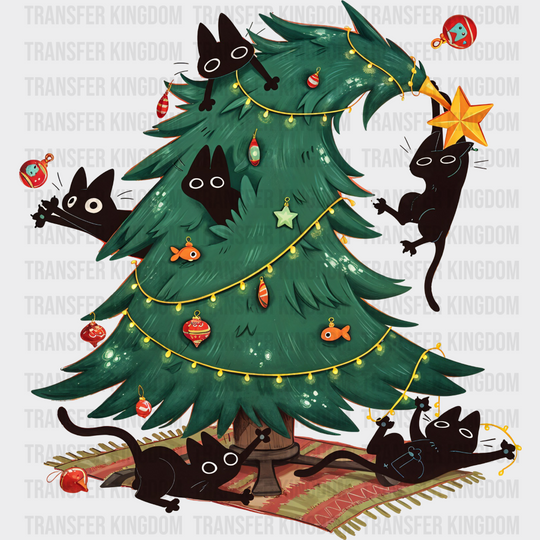 Cats With Christmas Tree - Christmas DTF Transfer Adult Unisex - S & M (10’’) / Dark Color Design (See Imaging)