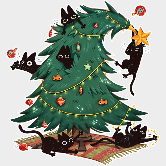 Cats With Christmas Tree - Christmas DTF Transfer Adult Unisex - S & M (10’’) / Light Color Design (See Imaging)