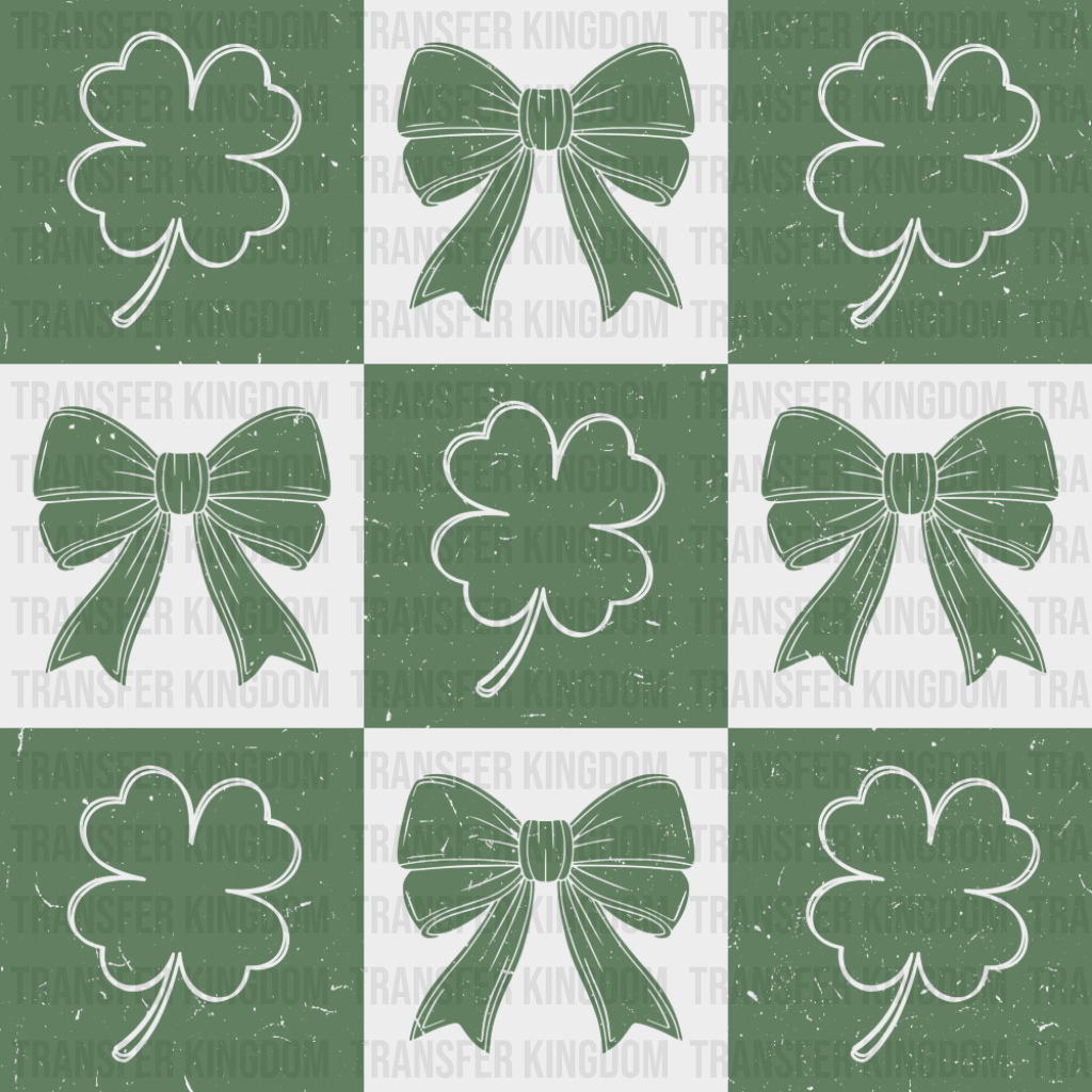 Checker Board Clovers And Ribbons - St. Patrick’s Day DTF Transfer Adult Unisex - S & M (10’’) / Green Color Design