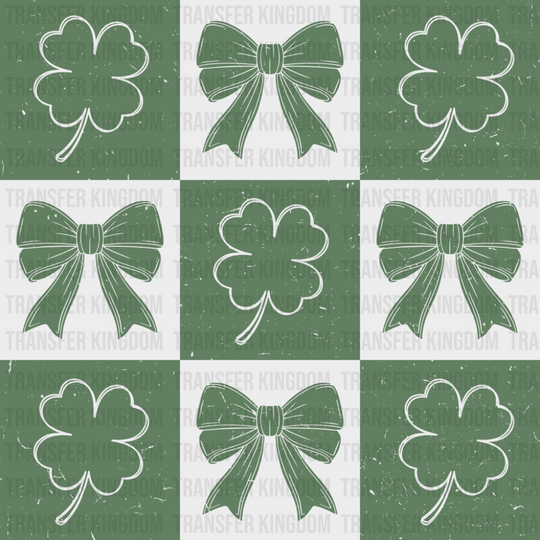 Checker Board Clovers And Ribbons - St. Patrick’s Day DTF Transfer Adult Unisex - S & M (10’’) / Green Color Design