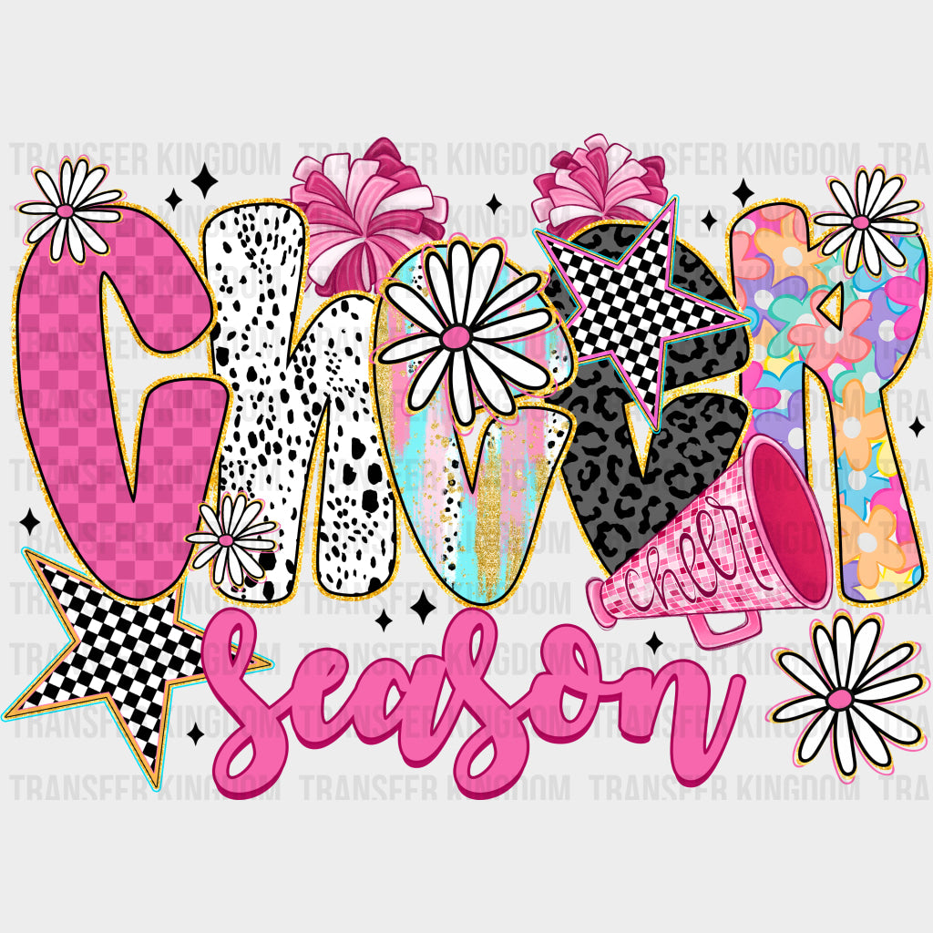 Cheer Season Flowers & Stars - Cheerleading DTF Transfers Adult Unisex - S & M (10’’) / Dark Color Design (See Imaging)