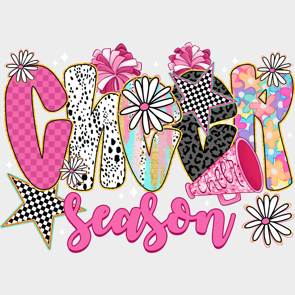 Cheer Season Flowers & Stars - Cheerleading DTF Transfers Adult Unisex - S & M (10’’) / Light Color Design (See Imaging)