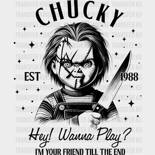 Chucky Hey Wanna Play - Halloween Iron On Dtf Transfer Unisex S & M (10’’) / Dark Color Design