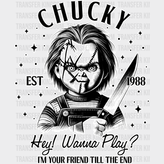 Chucky Hey Wanna Play - Halloween Iron On Dtf Transfer Unisex S & M (10’’) / Light Color Design