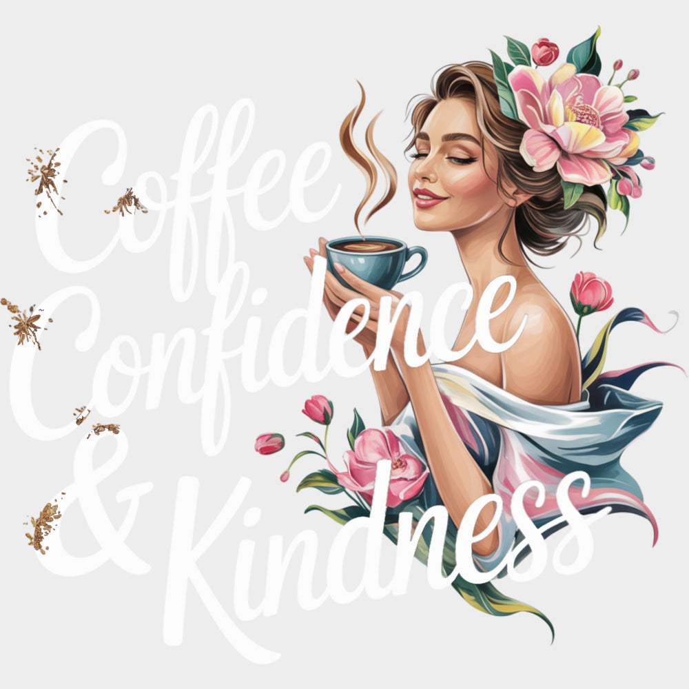 Coffee Confidence & Kindness B&W - Quotes DTF Transfers Adult Unisex - S & M (10’’) / Light Color Design (See Imaging)