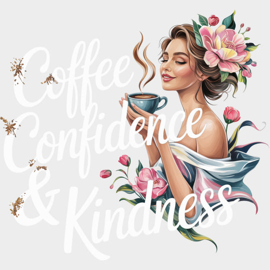 Coffee Confidence & Kindness B&W - Quotes DTF Transfers Adult Unisex - S & M (10’’) / Light Color Design (See Imaging)