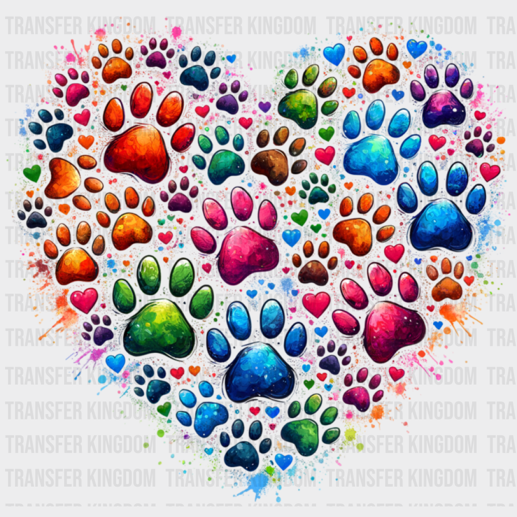 Colorful Paws In Heart - Dogs DTF Transfer