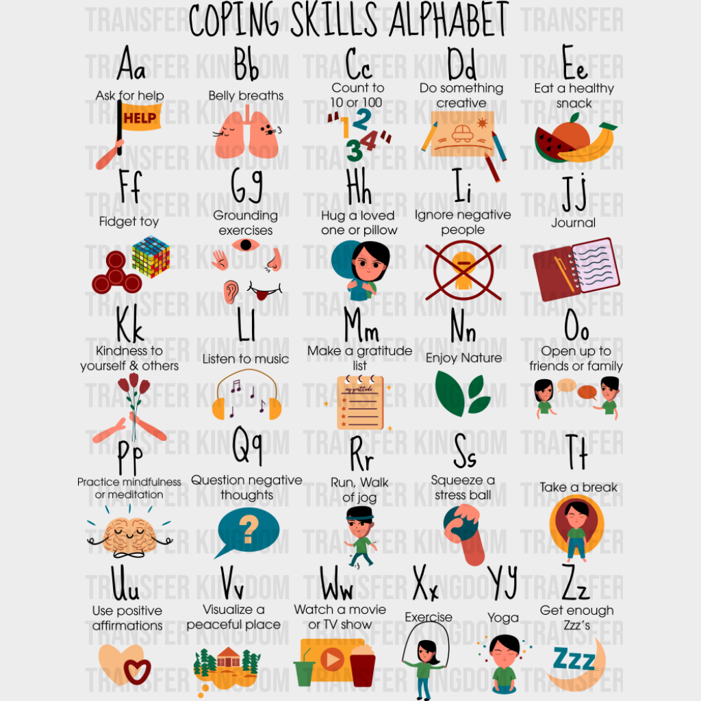 Coping Skills Alphabet - Teachers DTF Transfer Adult Unisex - S & M (10’’) / Dark Color Design (See Imaging)