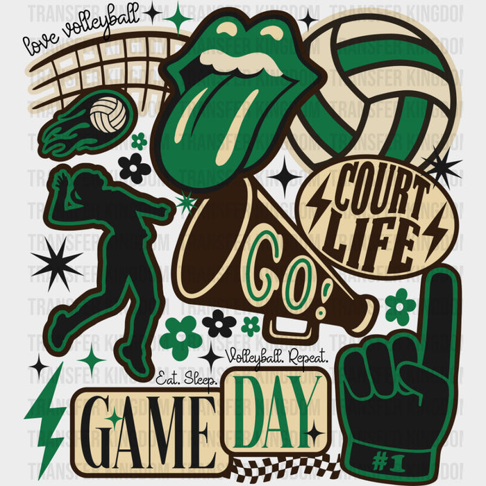 Court Life, Game Day, Go, Green Design - Volleyball DTF Transfers