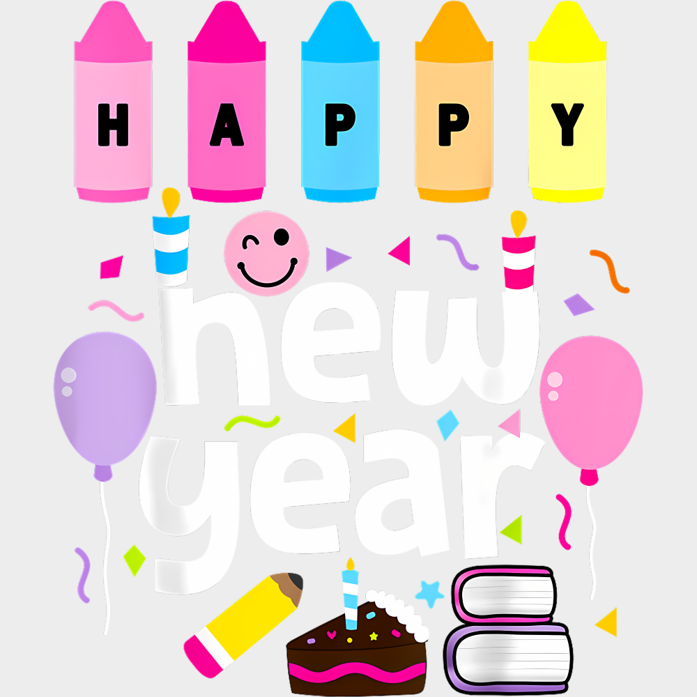 Crayons Happy New Year B&W - New Year DTF Transfer Adult Unisex - S & M (10’’) / Light Color Design (See Imaging)
