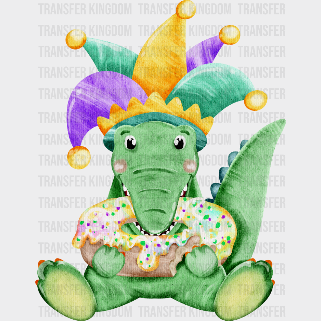 Cute Alligator Eating Donut - Mardi Gras DTF Transfer Adult Unisex - S & M (10’’) / Dark Color Design (See Imaging)