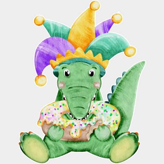 Cute Alligator Eating Donut - Mardi Gras DTF Transfer Adult Unisex - S & M (10’’) / Light Color Design (See Imaging)