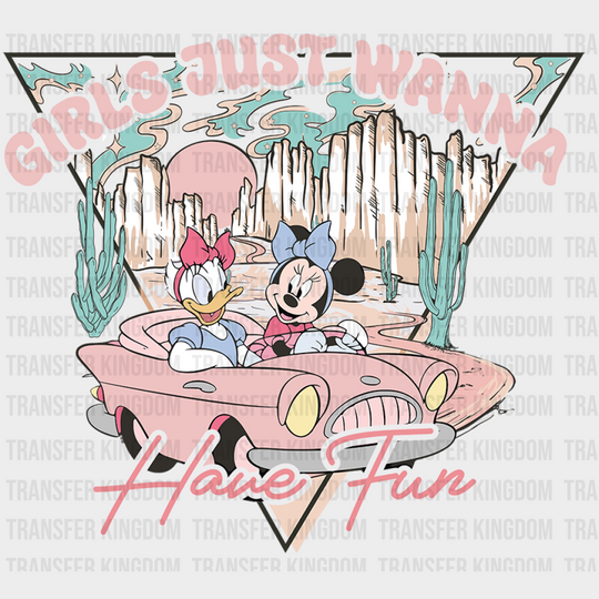 Daisy And Minnie Car Ride Disney Dtf Transfer Unisex - S & M (10’) / Light Color Design See Imaging