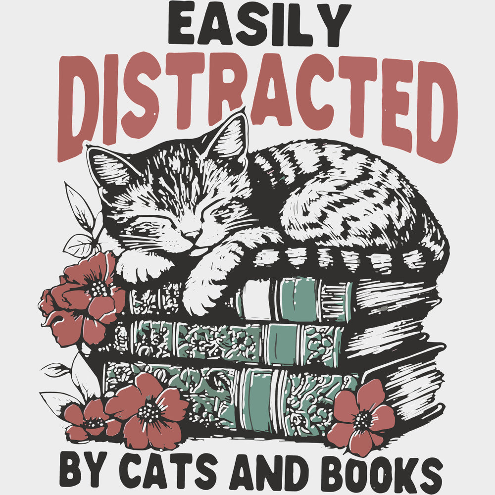 Easily Distracted By Cats And Books - Reading DTF Transfers - Adult Unisex - S & M (10’’) / Light Color Design (See
