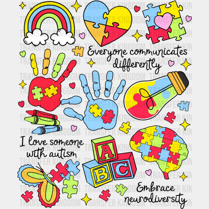 Everyone Communicates Differently Colorful Design - Autism Awareness DTF Transfer