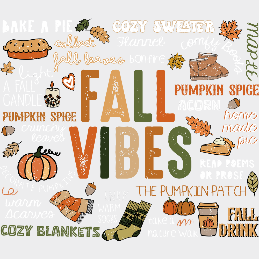 Fall Vibes B&W - Fall DTF Transfer Adult Unisex - S & M (10’’) / Light Color Design (See Imaging)