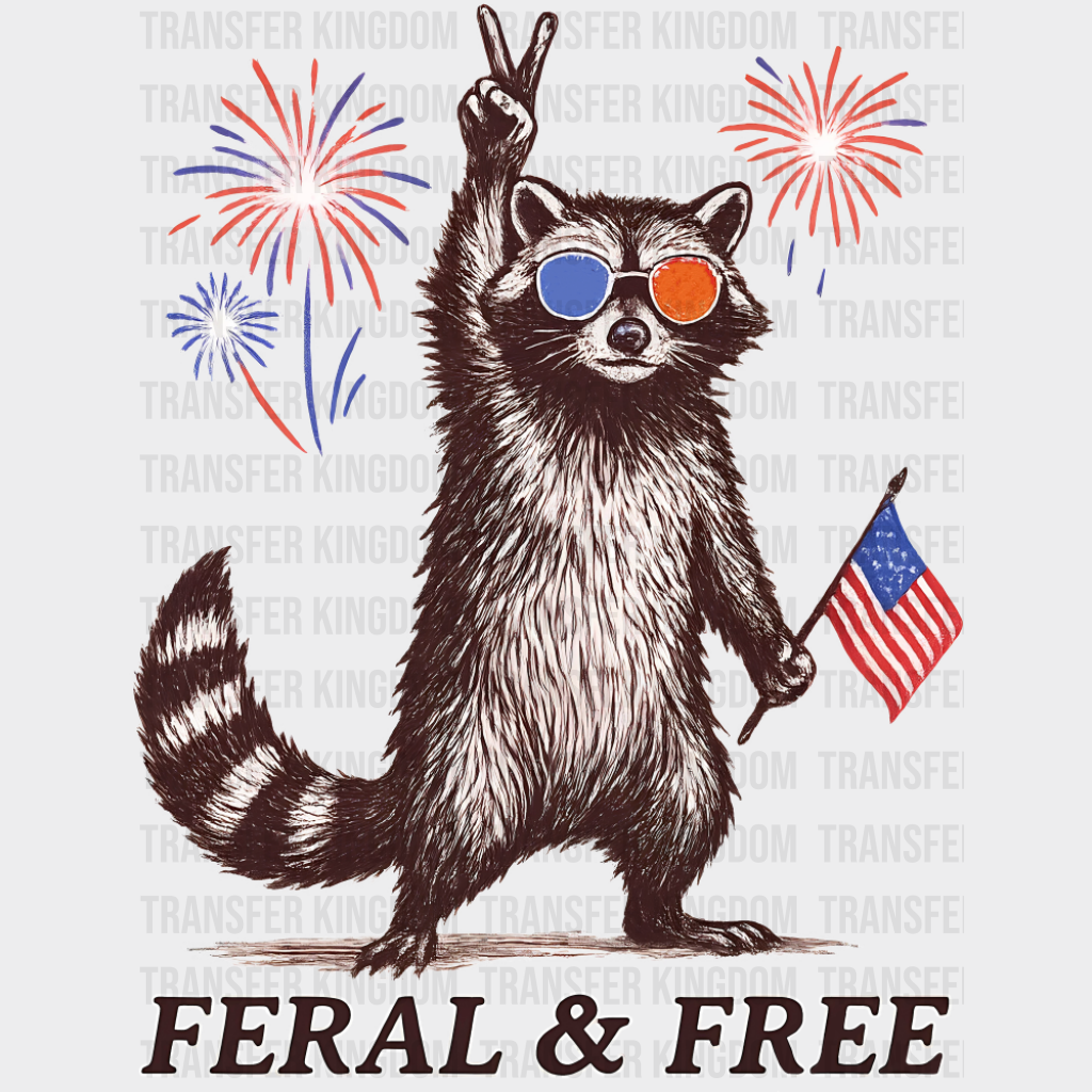 Feral & Free Raccoon Fireworks Design - 4th Of July DTF Transfer Adult Unisex - S & M (10’’) / Dark Color Design (See