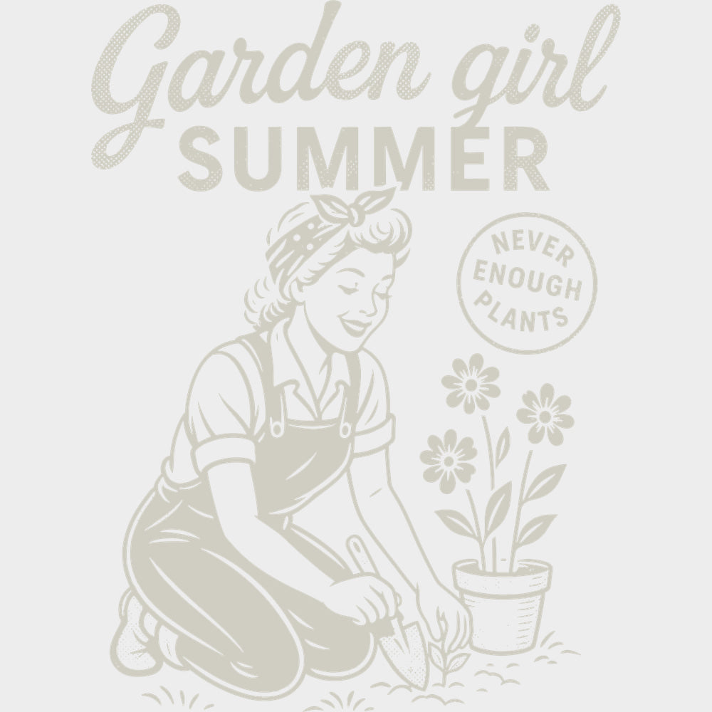 Garden Girl Summer B&W - Gardening DTF Transfers - Adult Unisex - S & M (10’’) / Light Color Design (See Imaging)