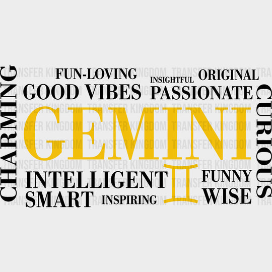 Gemini Qualities Yellow Horizontal - Zodiacs & Horoscopes DTF Transfers - Adult Unisex - S & M (10’’) / Dark Color