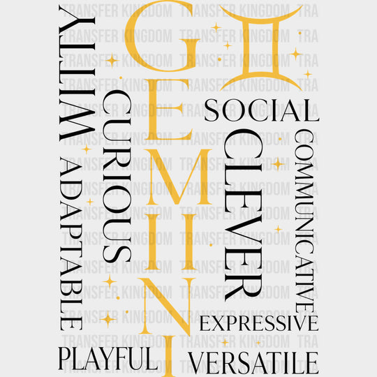 Gemini Qualities Yellow - Zodiacs & Horoscopes DTF Transfers - Adult Unisex - S & M (10’’) / Dark Color Design (See