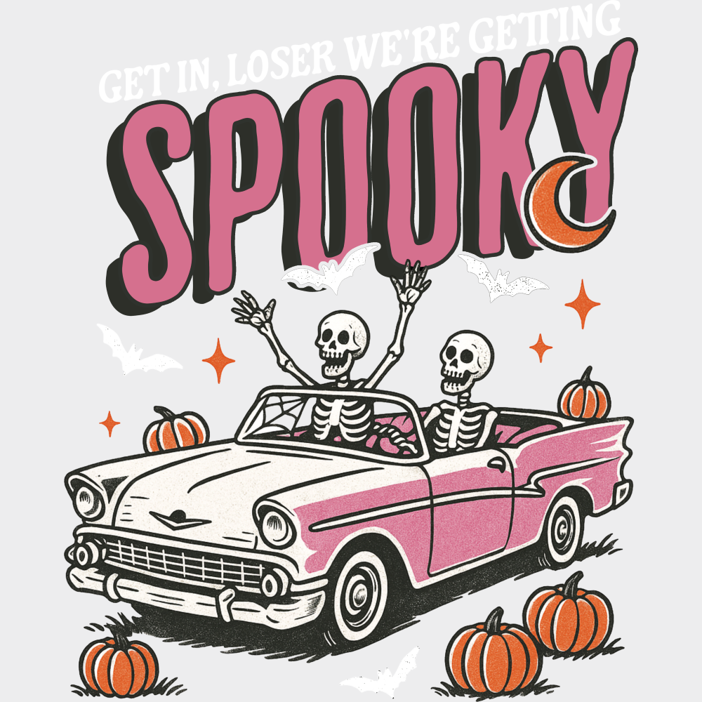 Get In Loser We’re Getting Spooky Pink Car - Halloween DTF Transfer Adult Unisex - S & M (10’’) / Light Color Design