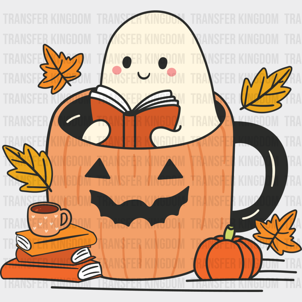 Ghost Reading Book In Mug - Halloween Dtf Transfer Unisex S & M (10’’) / Dark Color Design See