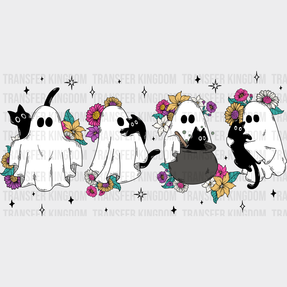 Ghosts Flowers And Cats - Halloween DTF Transfer Adult Unisex - S & M (10’’) / Dark Color Design (See Imaging)