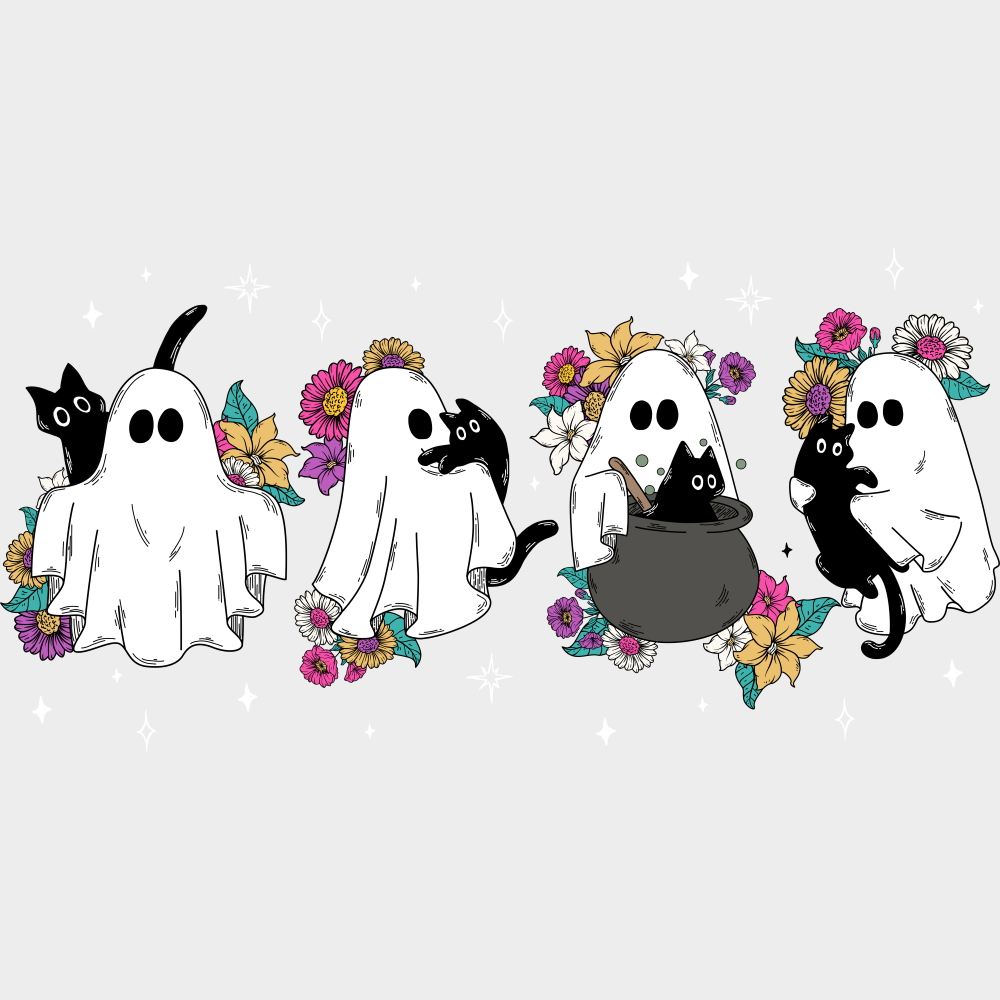 Ghosts Flowers And Cats - Halloween DTF Transfer Adult Unisex - S & M (10’’) / Light Color Design (See Imaging)