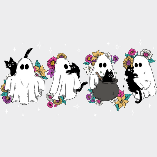 Ghosts Flowers And Cats - Halloween DTF Transfer Adult Unisex - S & M (10’’) / Light Color Design (See Imaging)