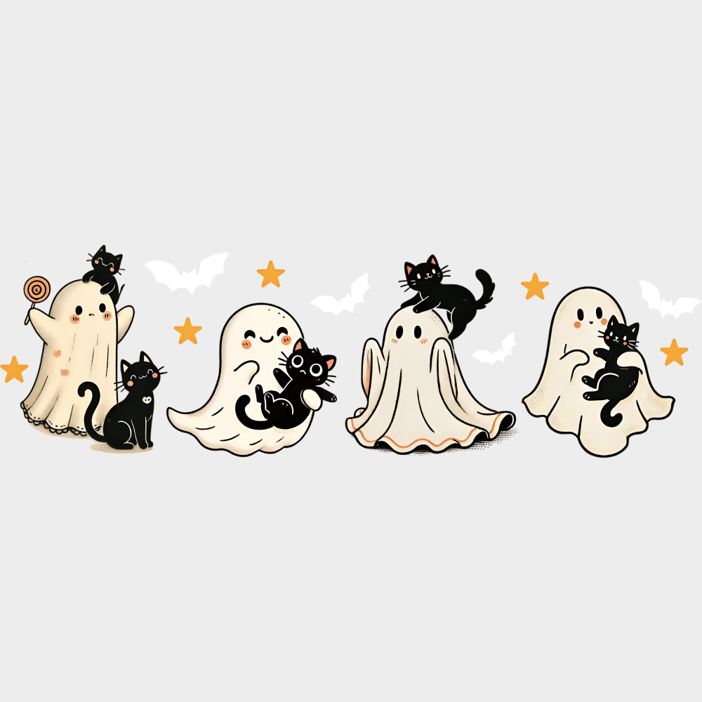 Ghouls And Black Cats Halloween DTF Transfer Adult Unisex S & M (10’’) / Light Color Design (See Imaging)