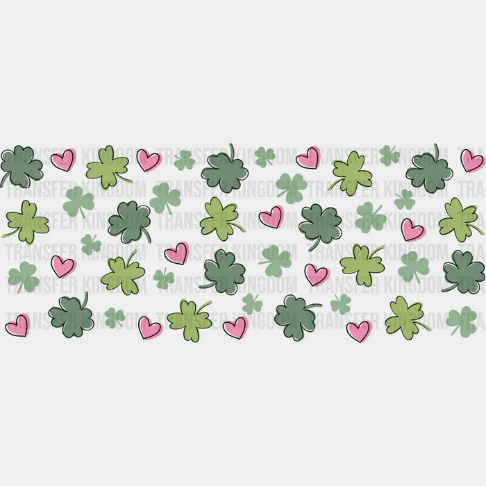 Green Clovers And Pink Hearts - St Patrick Cup Wrap UV Sticker Permanent UV DTF Decal