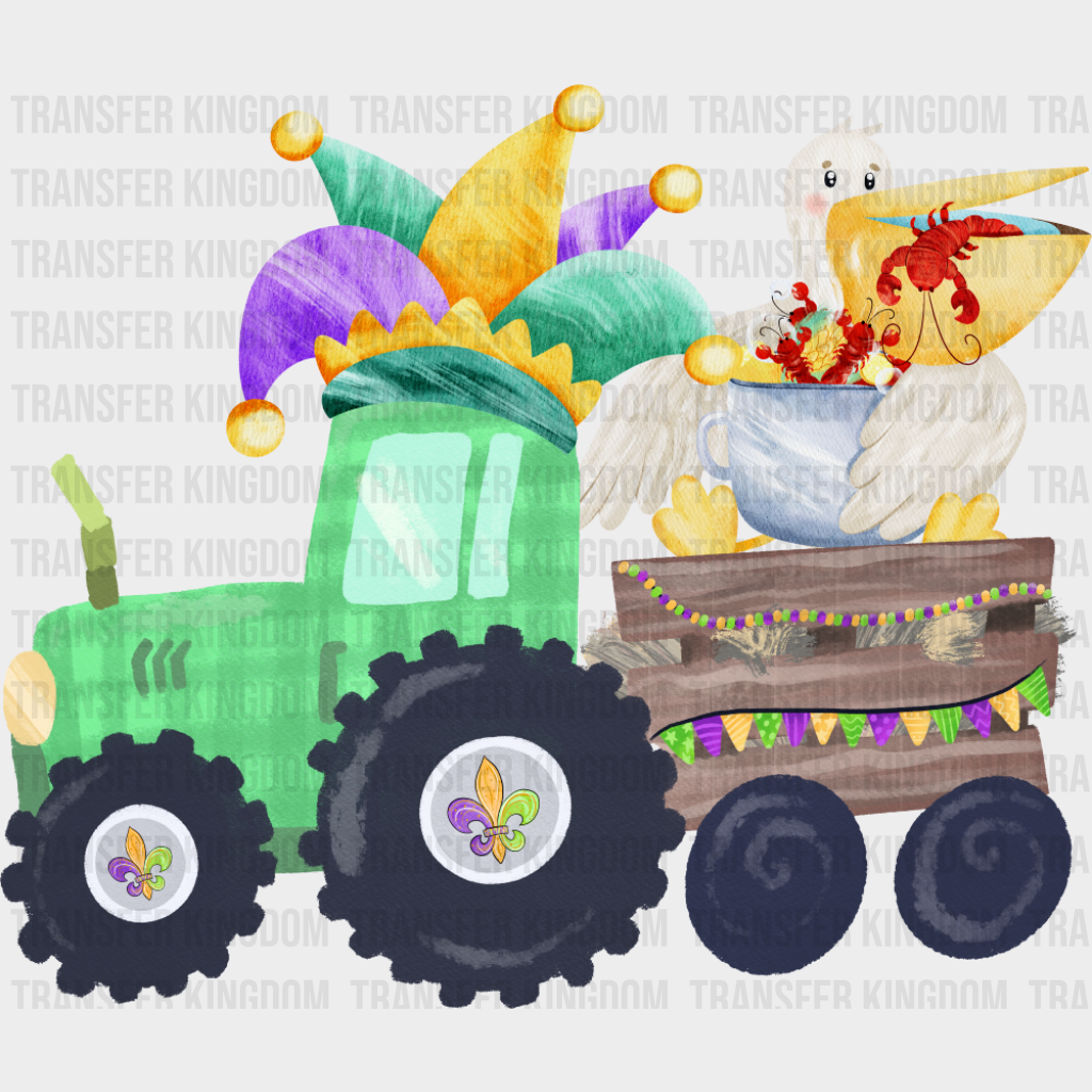 Green Tractor With Pelican - Mardi Gras DTF Transfer Adult Unisex - S & M (10’’) / Dark Color Design (See Imaging)