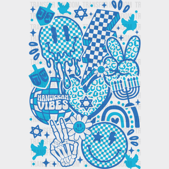 Hanukkah Vibes Smiley Blue Design - Hanukkah DTF Transfer