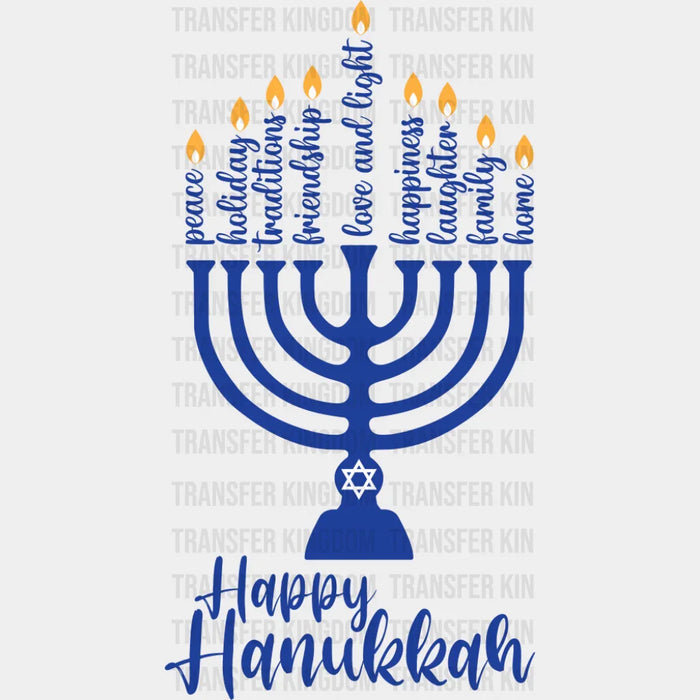 Happy Hanukkah Blue Menorah - Hanukkah DTF Transfer