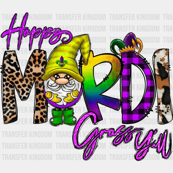 Happy Mardi Gras Y'all Yellow Hat Gnome Design - Mardi Gras DTF heat transfer
