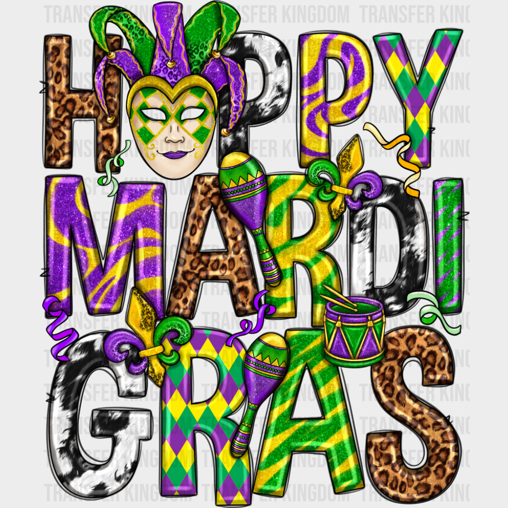 Happy Marti Gras - Mardi Gras DTF Transfer Adult Unisex - S & M (10’’) / Dark Color Design (See Imaging)