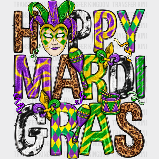 Happy Marti Gras - Mardi Gras DTF Transfer Adult Unisex - S & M (10’’) / Dark Color Design (See Imaging)