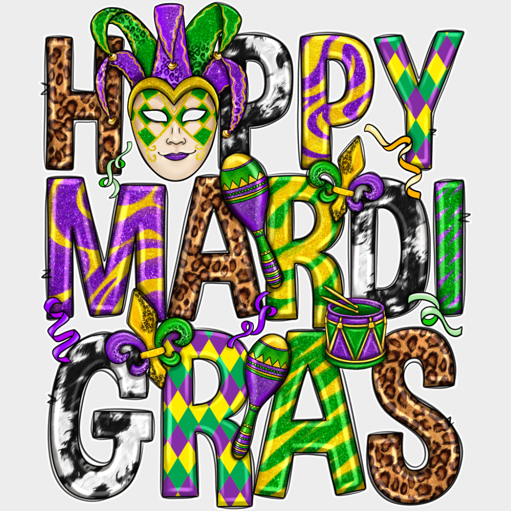 Happy Marti Gras - Mardi Gras DTF Transfer Adult Unisex - S & M (10’’) / Light Color Design (See Imaging)