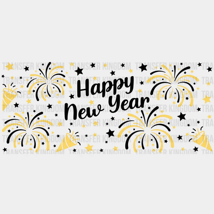 Happy New Year Black And Yellow - New Year Cup Wrap UV Sticker Permanent UV DTF Decal